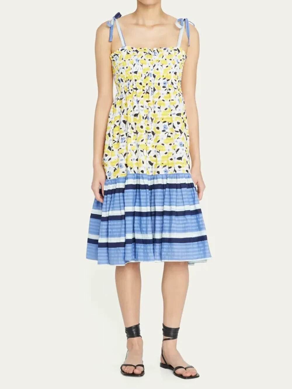 Tanya Taylor Smocked Midi Dress Women's Small Leandra Floral Yellow Blue $295